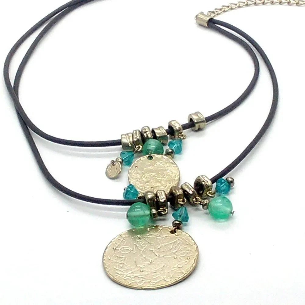Chico's Layered Disc Pendant Necklace on Brown Faux Leather Cord 18-21